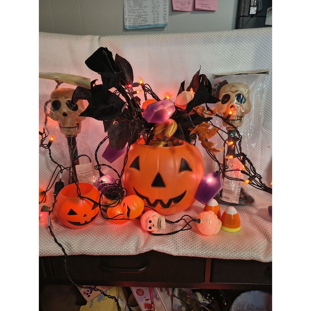 Vintage Halloween Blow Mold Lot Pumpkin Pail Skull Candolier Lights Package